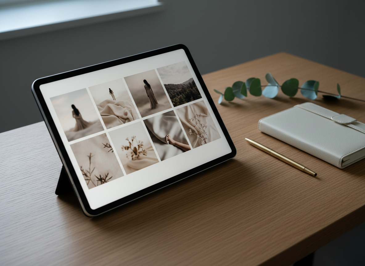A sleek, matte-black tablet on a smooth oak desk, its screen displaying a blurred, abstract gallery grid of luminous photographs—soft silhouettes, forested hills, delicate details of fabrics and florals—suggesting a curated women’s photography portfolio. Beside it, a minimal brass pen, a closed leather-bound planner, and a single eucalyptus branch add subtle texture. Cool, diffused daylight from a nearby window creates clean highlights on the tablet’s edges and gentle shadows beneath the objects. Captured from a slightly elevated angle with sharp focus on the workspace and a softly fading background, the composition feels modern, organized, and luxurious. The mood is calm and professional, perfectly suited to a sophisticated photographer’s online booking and portfolio showcase, rendered in polished photographic realism.